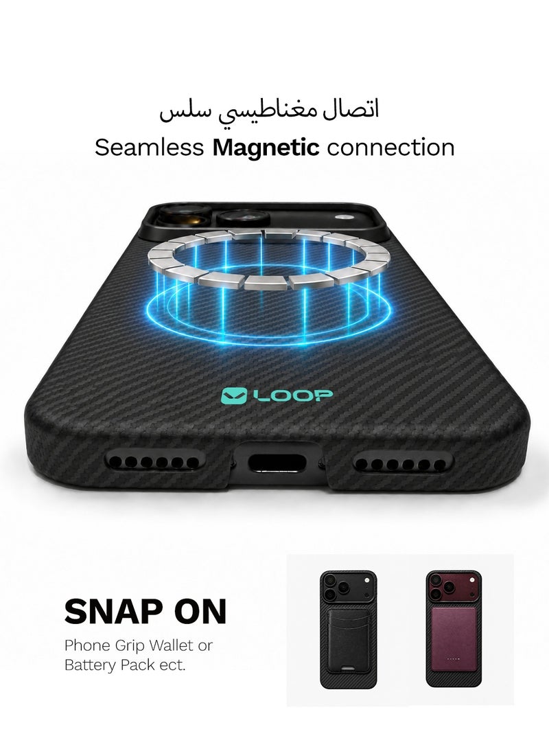 لووب جراب LOOP من ألياف الكيفلار لهاتف iPhone 18 Pro Max، غطاء فائق النحافة من ألياف الأراميد، ملمس متين وبارز، قبضة مانعة للانزلاق، حافة بارزة لحماية الكاميرا، لون أسود مطفي. - Image 3