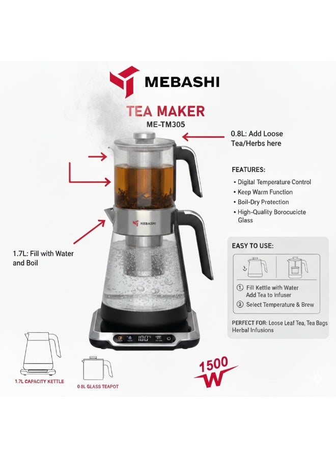 MEBASHI Tea Maker ME-TM305, 1.7L Kettle & 0.8L Glass Teapot, Digital Temperature Control, 1500W, Black - Image 3