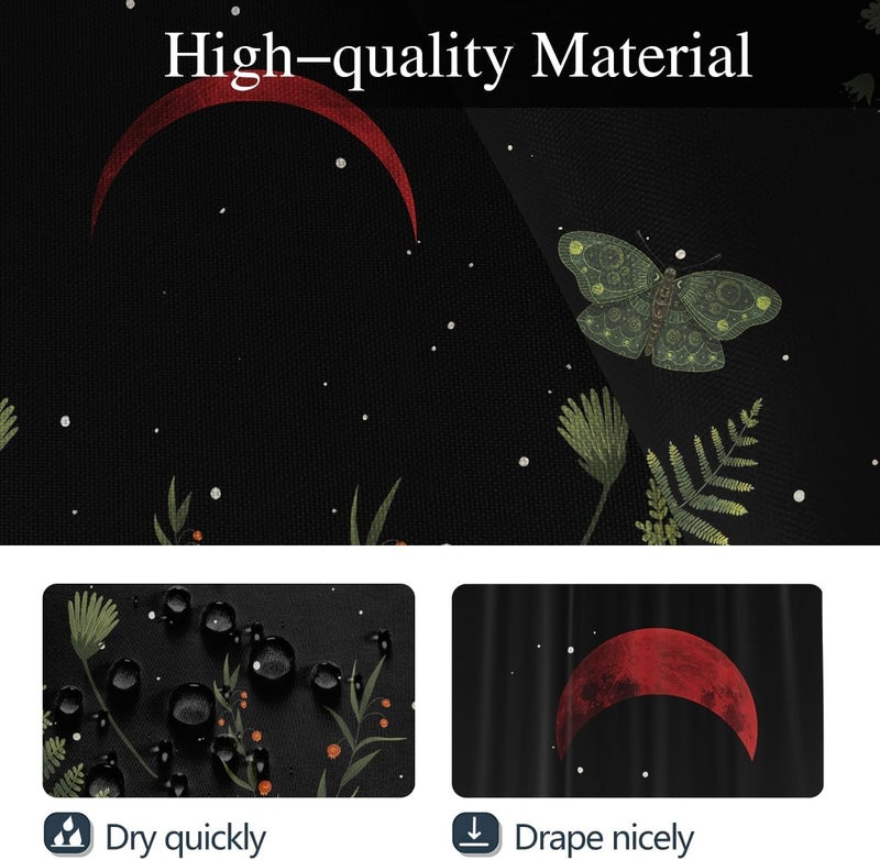 Coxila Red Moon Shower Curtain Set Black Gothic Goth Witchy Spooky Dark Moody Space Star Celestial Cool Toilet Lid Cover U Shaped Bath Mat 4 Pcs Decor Bathroom Non-Slip Rug Fabric Polyester 60x72 Inch - Image 4