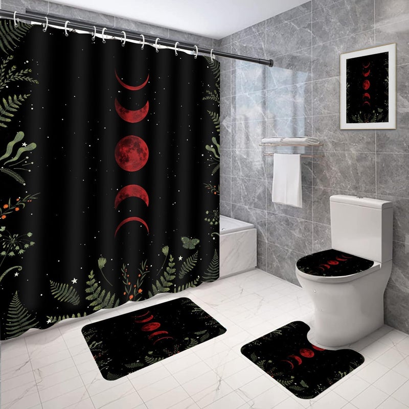 Coxila Red Moon Shower Curtain Set Black Gothic Goth Witchy Spooky Dark Moody Space Star Celestial Cool Toilet Lid Cover U Shaped Bath Mat 4 Pcs Decor Bathroom Non-Slip Rug Fabric Polyester 60x72 Inch - Image 2