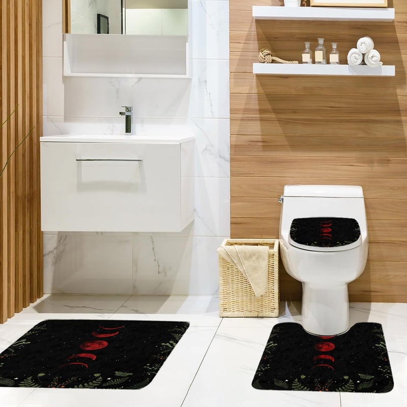 Coxila Red Moon Shower Curtain Set Black Gothic Goth Witchy Spooky Dark Moody Space Star Celestial Cool Toilet Lid Cover U Shaped Bath Mat 4 Pcs Decor Bathroom Non-Slip Rug Fabric Polyester 60x72 Inch - Image 3