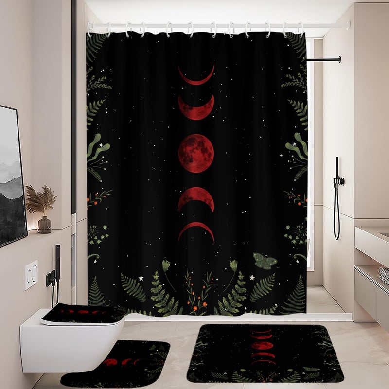 Coxila Red Moon Shower Curtain Set Black Gothic Goth Witchy Spooky Dark Moody Space Star Celestial Cool Toilet Lid Cover U Shaped Bath Mat 4 Pcs Decor Bathroom Non-Slip Rug Fabric Polyester 60x72 Inch - Image 1