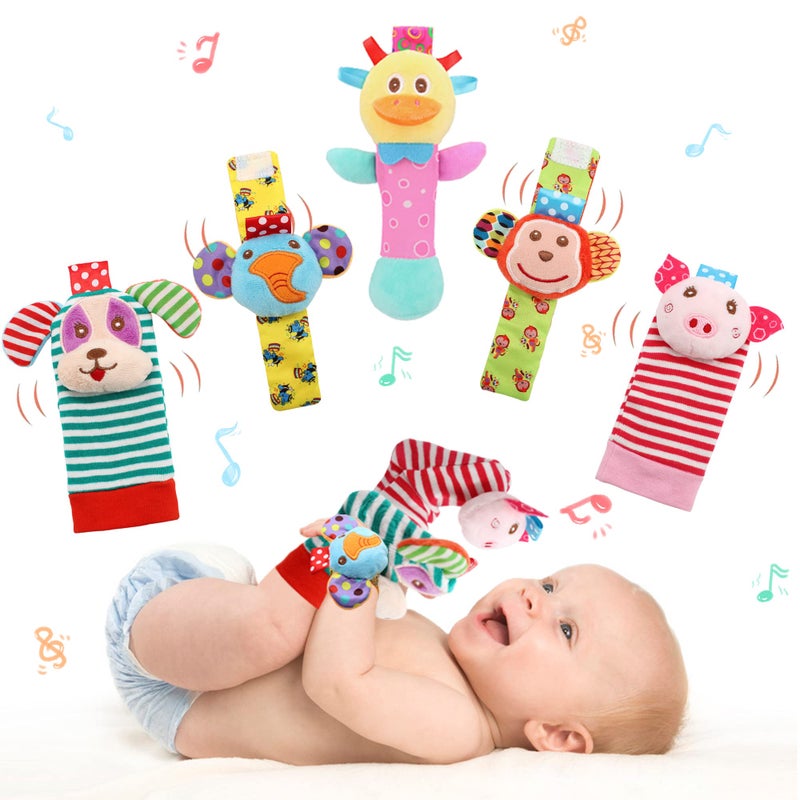 BLOOBLOOMAX Wrist Rattles Foot Finder Rattle Sock Baby Toy  Rattle Toy  Arm Hand Bracelet Rattle  Feet Leg Ankle Socks  Activity Rattle Present Gift for Newborn Infant Babies Boy Girl Bebe (5 pcs-I) - Image 1
