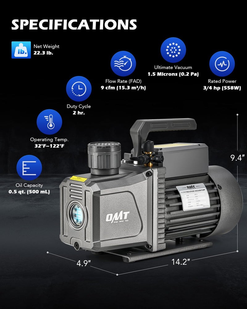 Orion Motor Tech 2 Stage A2L Vacuum Pump, 9 cfm 3/4 hp Two Stage Vacuum Pump for R1234yf R32 R134a R22 R410A with 1.5 Micron Ultimate Vacuum, Auto HVAC Vacuum Pump - Image 2