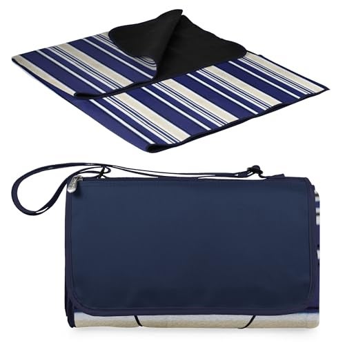 PICNIC TIME ONIVA Blanket Tote XL Outdoor Picnic Blanket, 70"x80" Foldable Beach Blanket with Fleece Top, Water-Resistant Backing, Strap & Pocket, Portable Mat for 4-5 People by Picnic Time (Blue Stripe/Navy Flap) - Image 1