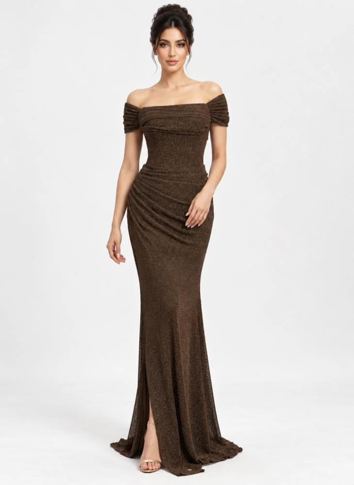 Opera Fashion Mocha Stretch Mesh Mermaid Evening Dress with Silver Shimmer