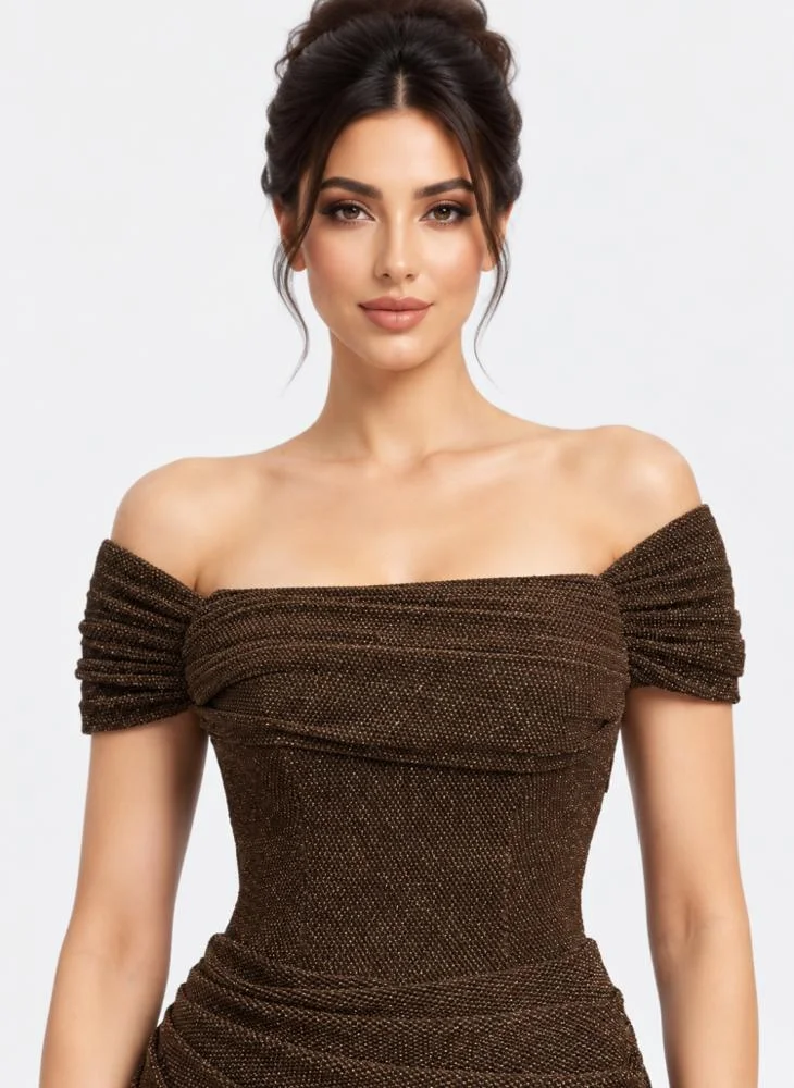 Opera Fashion Mocha Stretch Mesh Mermaid Evening Dress with Silver Shimmer
