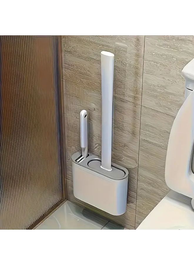 مجموعة فرشاة مرحاض رمادية للسيارات المنزلية المتنقلة مثبتة على الحائط بمقبض طويل ورأس فرشاة من السيليكون الناعم - Image 2