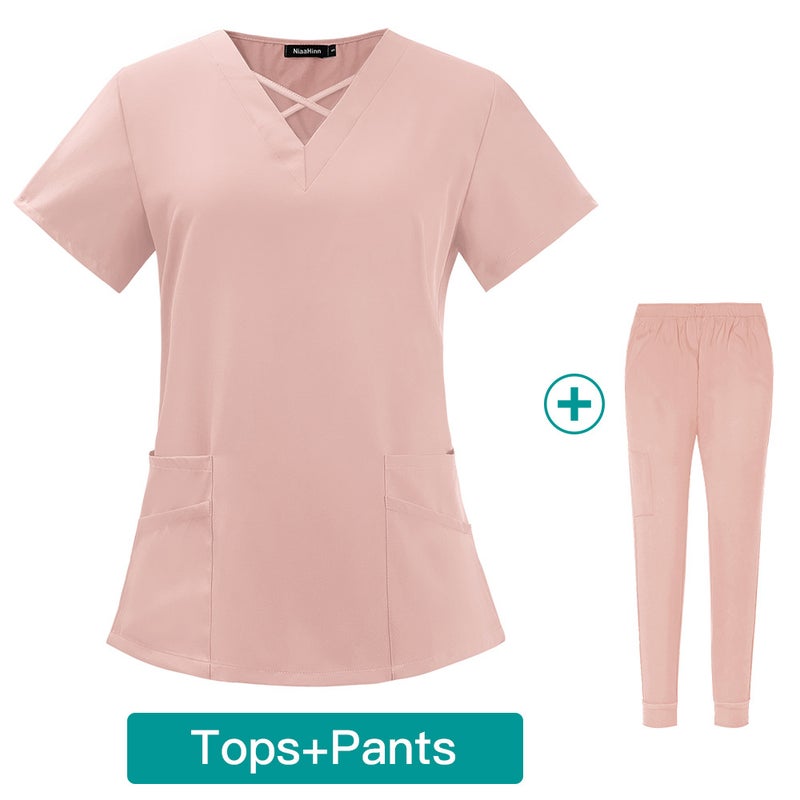 Womens Summer Thin Medical Scrubs Set Breathable 42026-LW pink  - Image 1