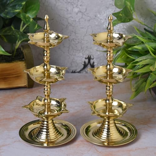 Neetu Arts Pure Brass 3-Layer Kerala Diya | 6 Inches | Traditional Pooja Lamp (Pair) - Image 1