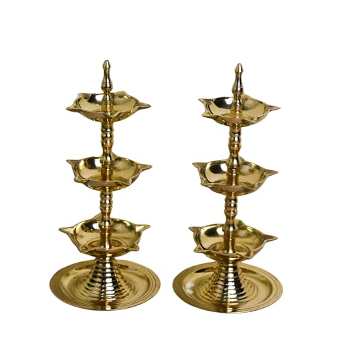 Neetu Arts Pure Brass 3-Layer Kerala Diya | 6 Inches | Traditional Pooja Lamp (Pair) - Image 3