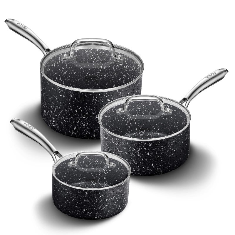 HLAFRG HLAFRG Nonstick Premium 3Piece Saucepan Set with Glass Lids Natural Durable Granite Coating Nonstick Durable  Oven Safe to 450F 123QT Black