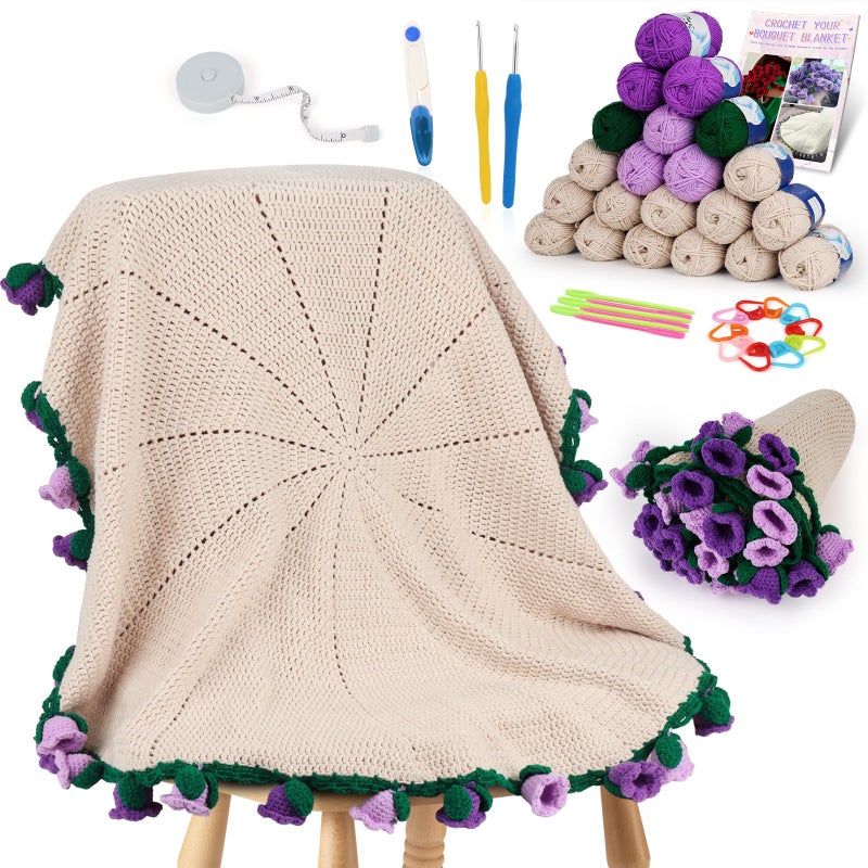 Aeelike Crochet Blanket Kit Flower Bouquet Blanket Crochet Kit for Beginners Roll Up Blankets Crochet Kit with Enough Yarn Detailed Instruction Easy DIY Kit for Women Home Decor Bellflower - Image 2