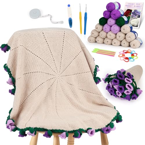 Aeelike Crochet Blanket Kit Flower Bouquet Blanket Crochet Kit for Beginners Roll Up Blankets Crochet Kit with Enough Yarn Detailed Instruction Easy DIY Kit for Women Home Decor Bellflower - Image 1