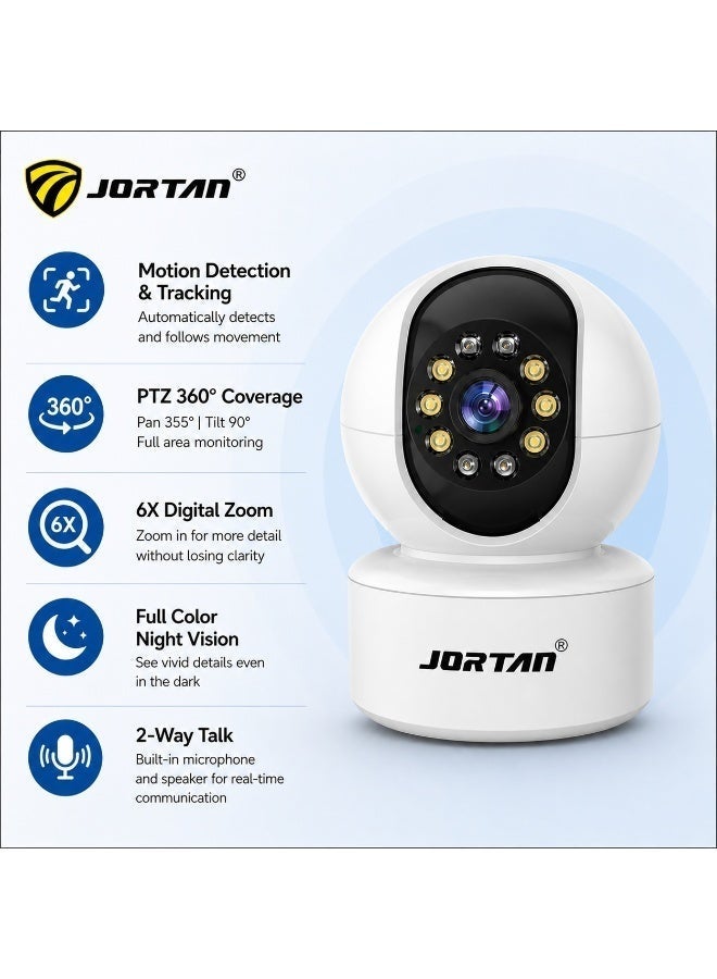 JORTAN 3MP WiFi Indoor PTZ Security Camera | 360° Pan Tilt Smart CCTV Camera with Motion Detection Auto Tracking 2-Way Audio Color & IR Night Vision Wireless Baby Monitor for Home Kids Elderly Pet Monitoring - Image 1