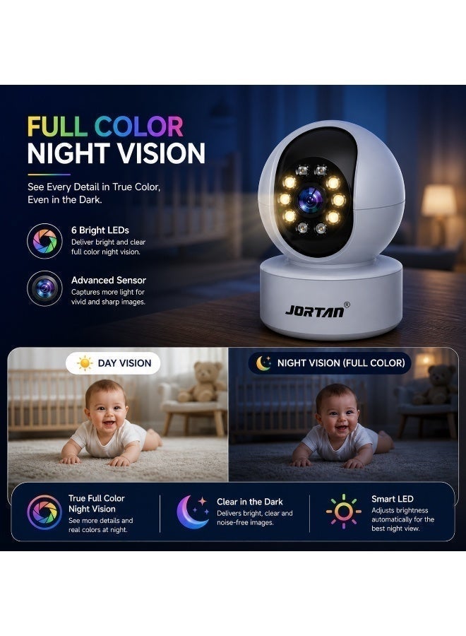 JORTAN 3MP WiFi Indoor PTZ Security Camera | 360° Pan Tilt Smart CCTV Camera with Motion Detection Auto Tracking 2-Way Audio Color & IR Night Vision Wireless Baby Monitor for Home Kids Elderly Pet Monitoring - Image 3