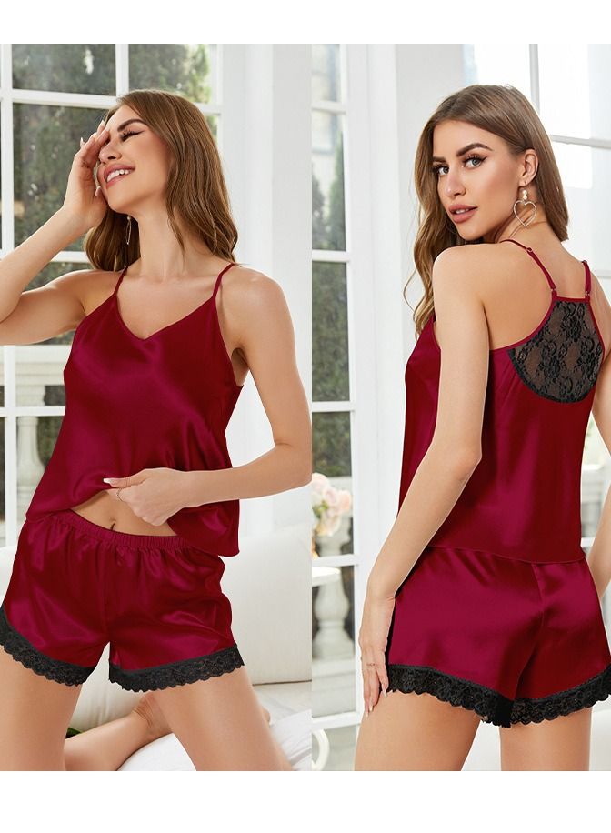 Loquat Women's Lace Stitching 2-Piece Set Nightgown Sleepwear Camisole Tops And Shorts Soft Loungewear Pajamas  Suit Wine Red 
