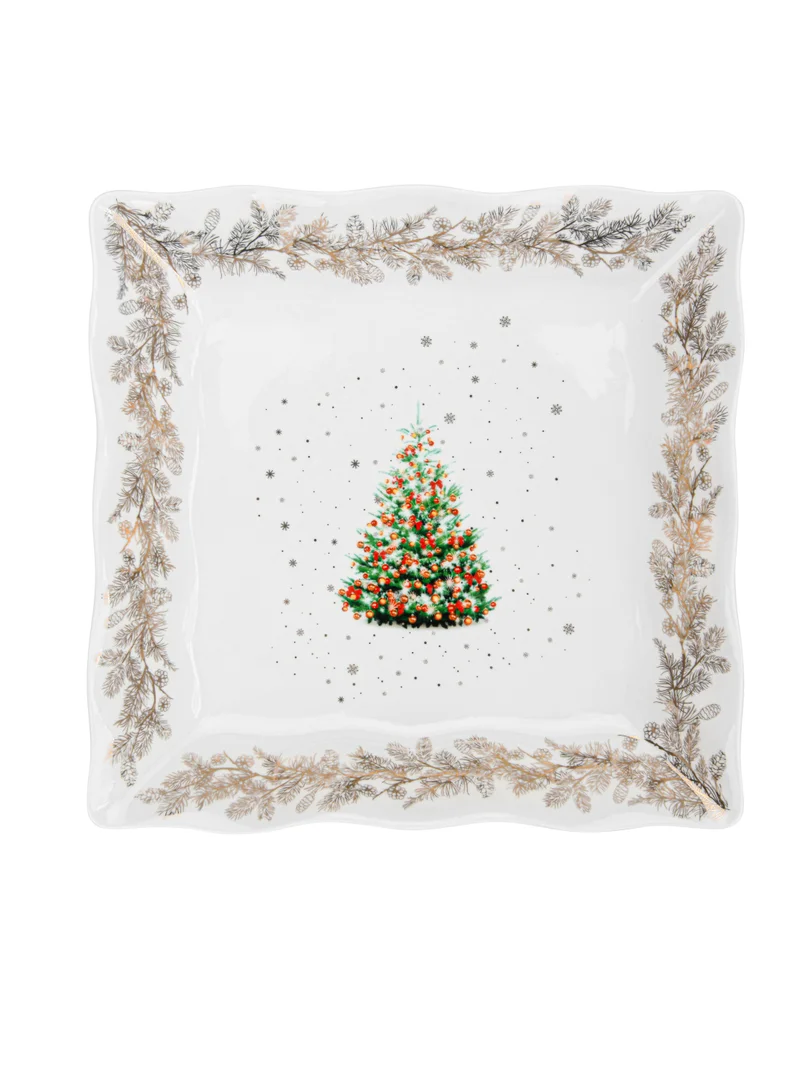 فيسمان Square Shape Dish 22cm Christmas New Bone China, Christmas Holiday Season Collection Dinnerware