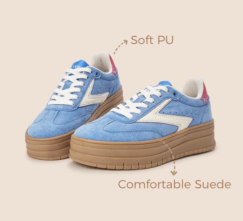 LUCKY STEP Women's Platform Sneakers Gum Sole Suede Casual Classic Retro Rubber Thick Sole Trendy Fashion Tennis Walking Shoes(Blue/White,8.5 B(M) US) - Image 4