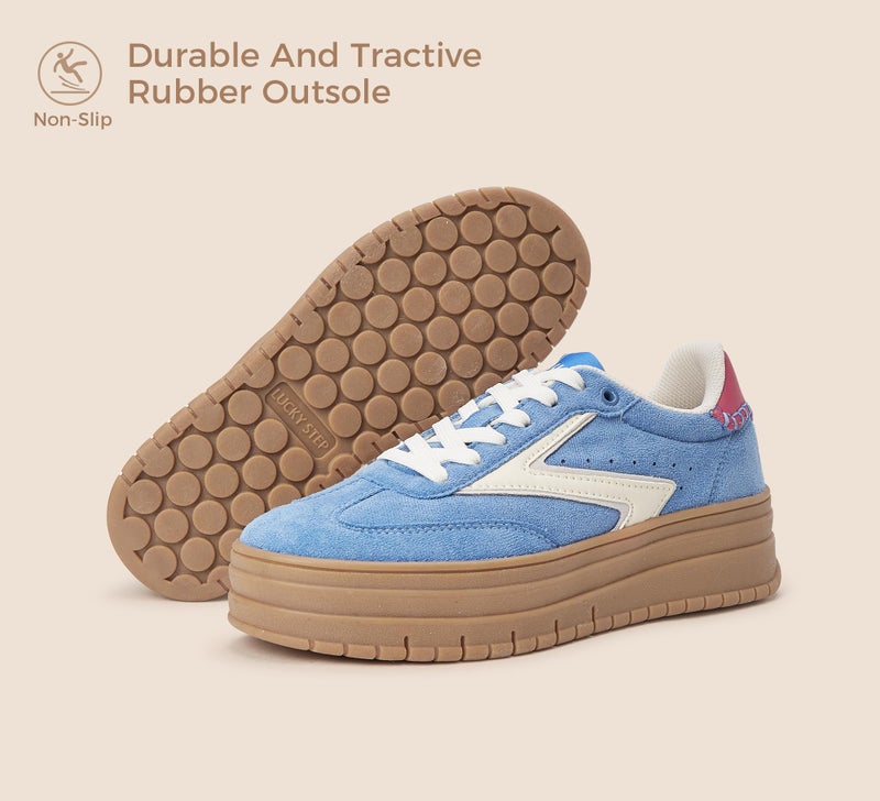LUCKY STEP Women's Platform Sneakers Gum Sole Suede Casual Classic Retro Rubber Thick Sole Trendy Fashion Tennis Walking Shoes(Blue/White,8.5 B(M) US) - Image 3