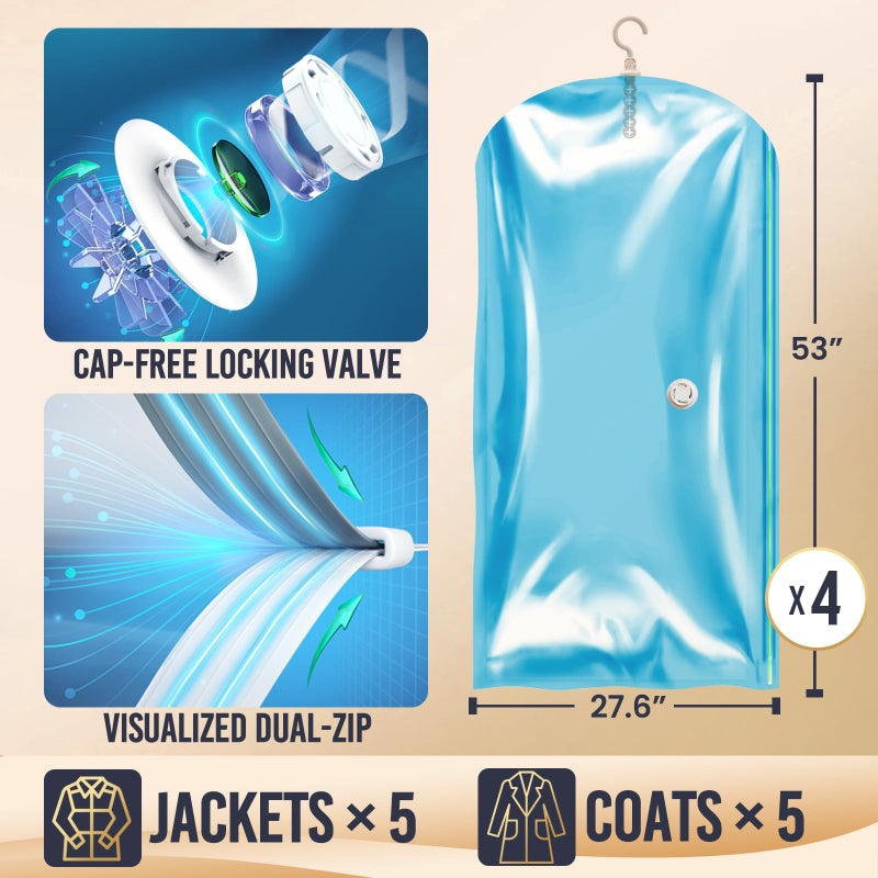 TAILI Hanging Vacuum Storage Sealer Space Saver Bags for Clothes, Suits, Coats or Jackets, Closet Organizer, 4 Pack Jumbo Blue - Image 3