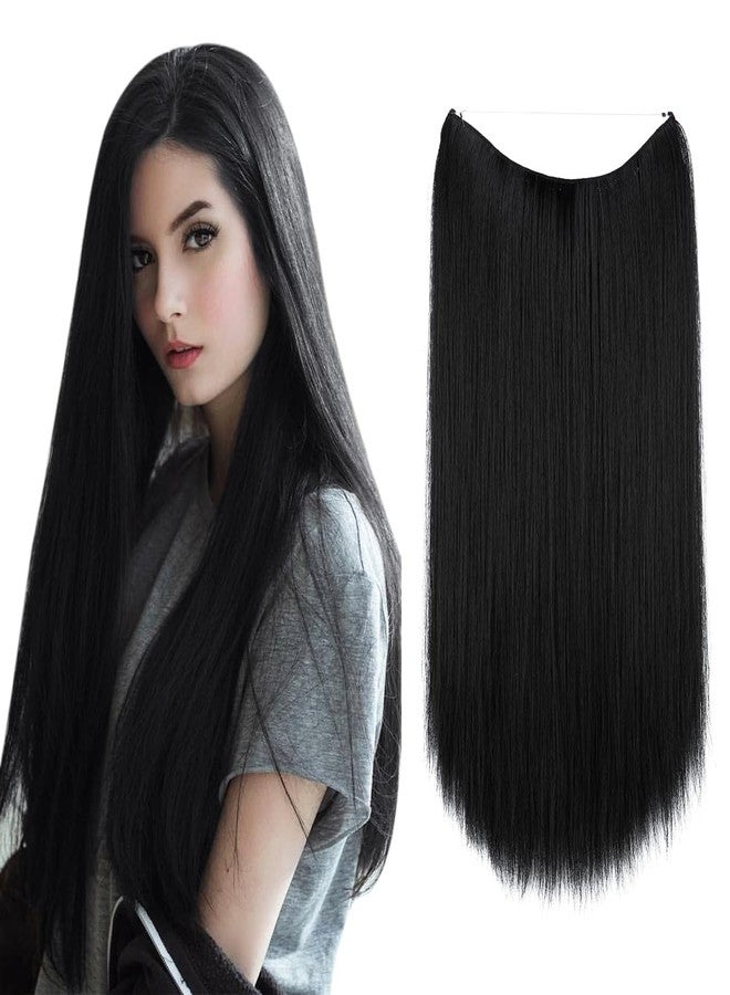 SARLA Straight Black Invisible Wire Hair Extensions Short Synthetic Hairpieces 14 Inch Adjustable Headband for Women No Clip - Image 1