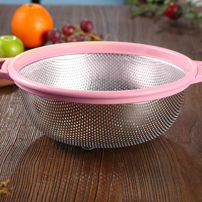 HiramWare مصفاة من الفولاذ المقاوم للصدأ من بمقبض وأرجل، مصفاة معدنية كبيرة وردية للمعكرونة، السباغيتي، التوت، الخضروات، الفواكه، النودلز، السلطات، سعة 5 كوارت (10.5 بوصة) مصفاة شبكية للمطبخ، آمنة للغسيل في غسالة الأطباق - Image 2