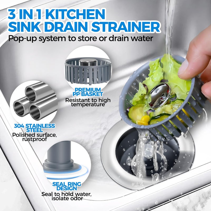 zaa Kitchen Sink Drain Strainer - Kitchen Sink Stopper, Stainless Steel Kitchen Drain Plug & Cover with Anti-Clogging Basket Strainer, Fit US Standard 3-1/2'' Sink Drain Hole, Silver - Image 2