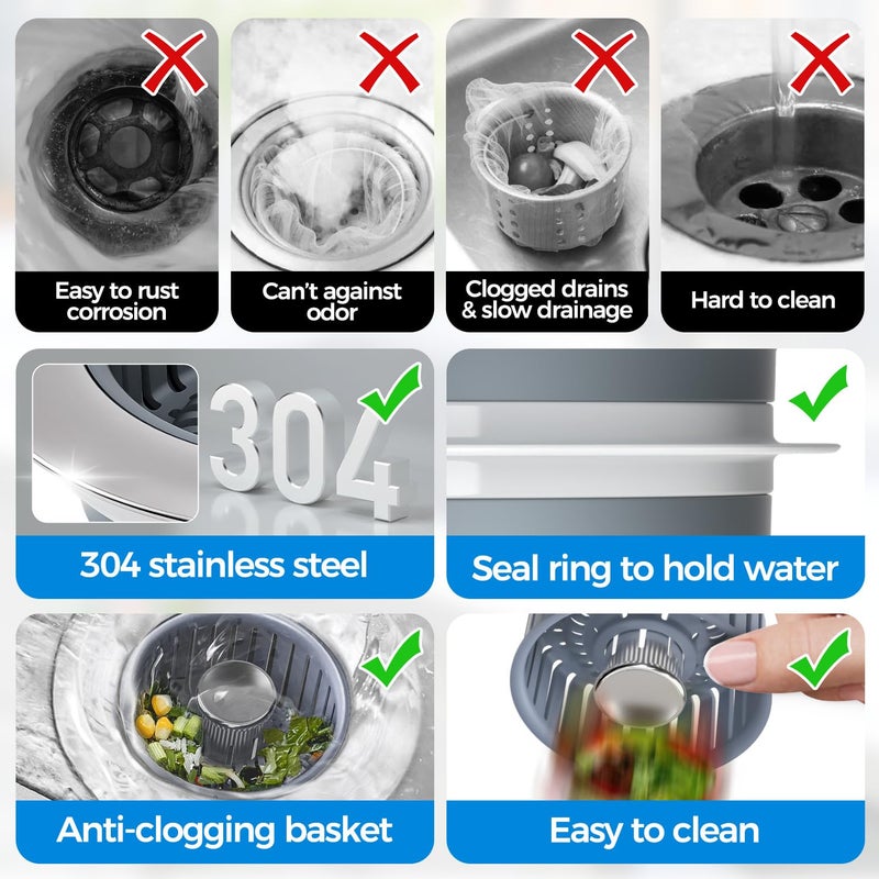 zaa Kitchen Sink Drain Strainer - Kitchen Sink Stopper, Stainless Steel Kitchen Drain Plug & Cover with Anti-Clogging Basket Strainer, Fit US Standard 3-1/2'' Sink Drain Hole, Silver - Image 4