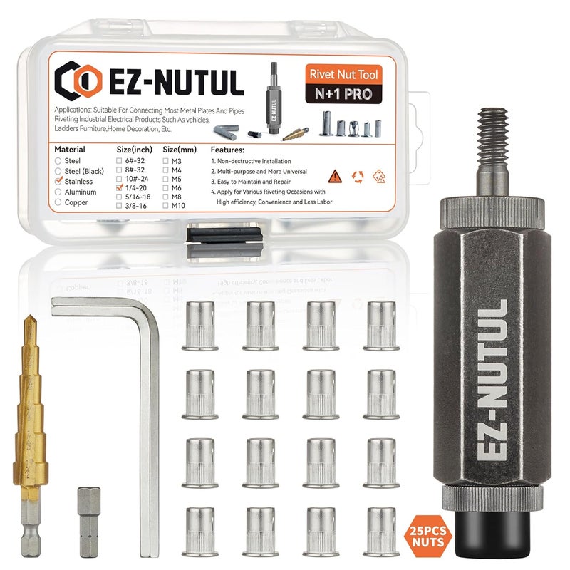 EZ-NUTUL Rivet Nut Installation Tool Set Flat Head Rivnut Threaded Insert Nut Kit SAE & Metric for Metal Heavy Duty Zinc Plated Nutsert (1/4-20(Rivet Nut Tool-25pcs, Stainless)) - Image 1