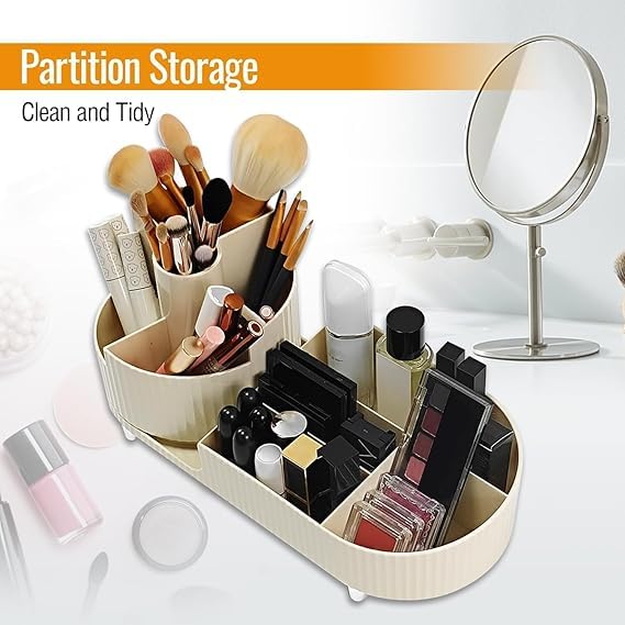 Baps store منظم مكياج بابس ستور لرفوف الزينة، 2 في 1 منظم مكياج دوار 360° مع حامل فرش مكياج ثابت، منظم مكياج كبير لأسطح غرف النوم والحمامات - Image 2