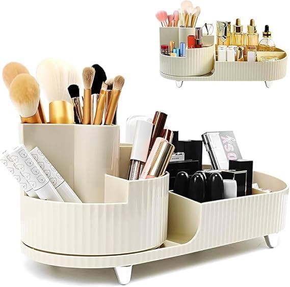 Baps store منظم مكياج بابس ستور لرفوف الزينة، 2 في 1 منظم مكياج دوار 360° مع حامل فرش مكياج ثابت، منظم مكياج كبير لأسطح غرف النوم والحمامات - Image 1