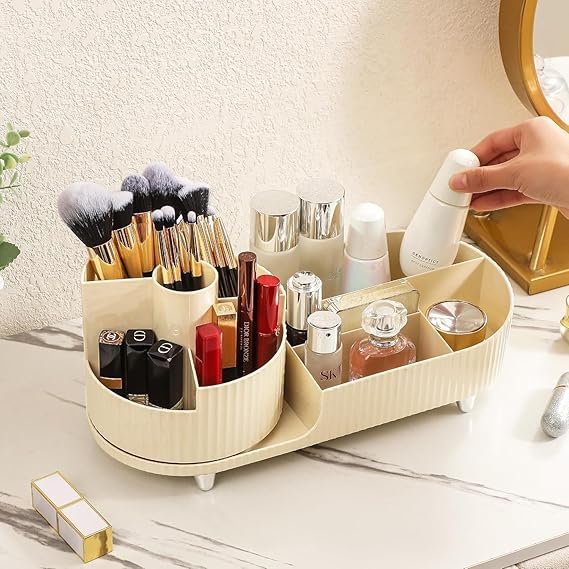 Baps store منظم مكياج بابس ستور لرفوف الزينة، 2 في 1 منظم مكياج دوار 360° مع حامل فرش مكياج ثابت، منظم مكياج كبير لأسطح غرف النوم والحمامات - Image 3