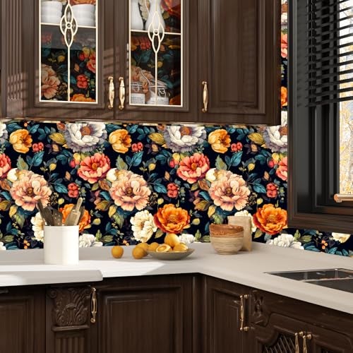 BOKEBEVE Peel and Stick Wallpaper Vintage Colorful Big Floral Wallpapers Vibrant Flower Contact Paper Renter Friendly Wall Paper for Shelf Drawer Liner Bedroom Livingroom Removable 17.5 x 118In - Image 3