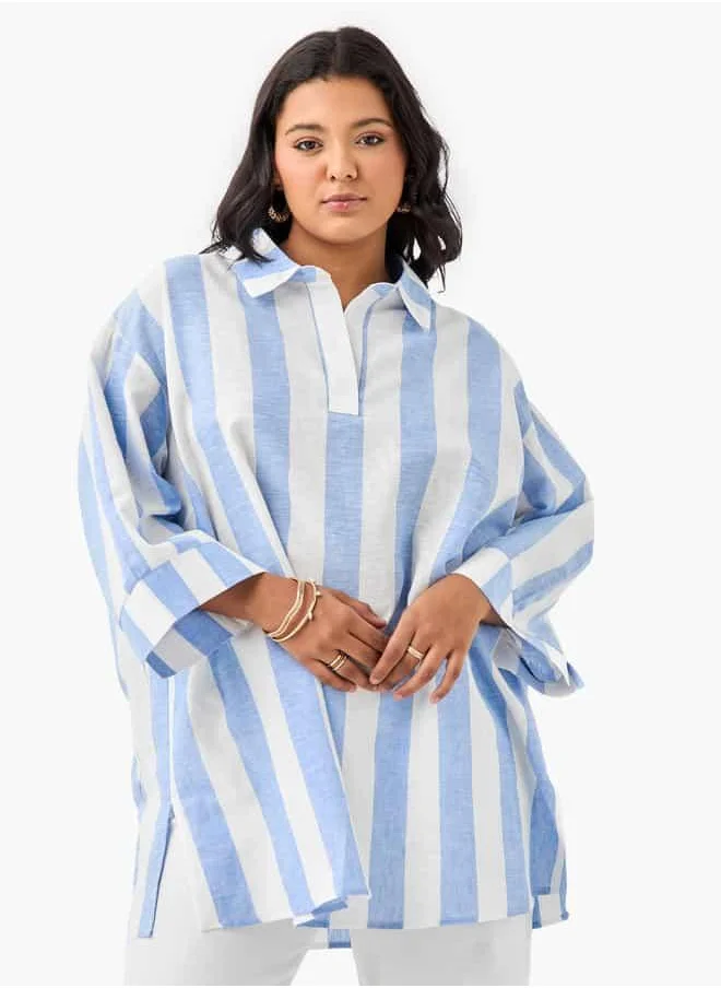  أولا بوبكن Plus Size Ulla Popken Striped Linen Top with Collar and Long Sleeves