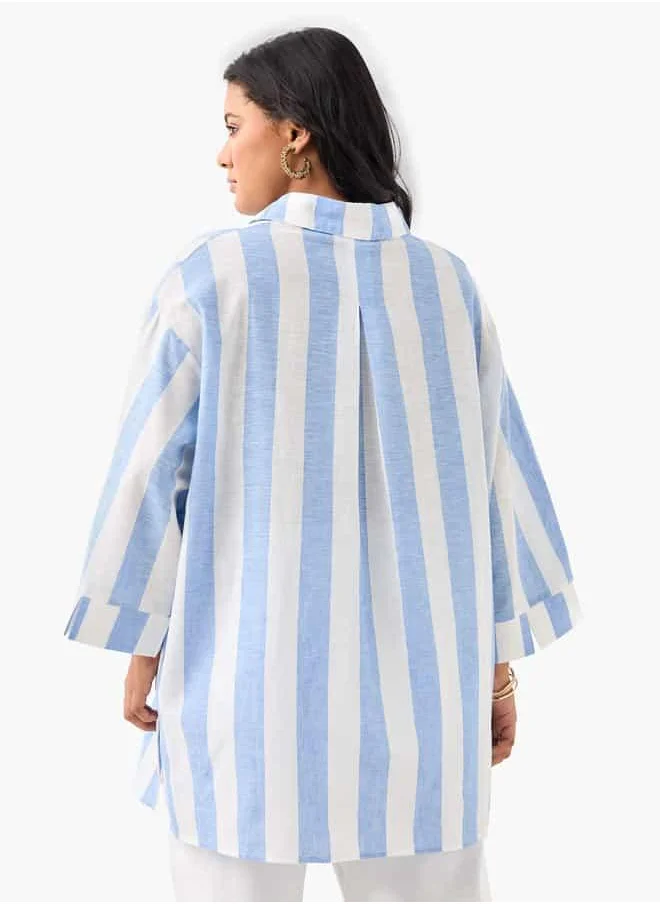  أولا بوبكن Plus Size Ulla Popken Striped Linen Top with Collar and Long Sleeves