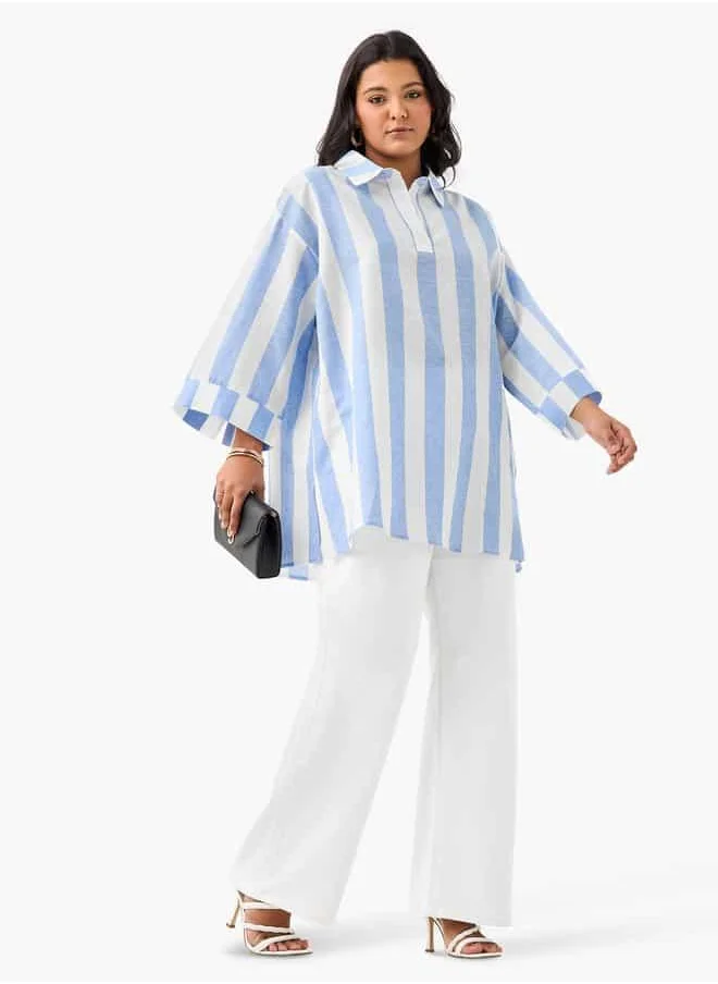 Ulla Popken Plus Size Ulla Popken Striped Linen Top with Collar and Long Sleeves