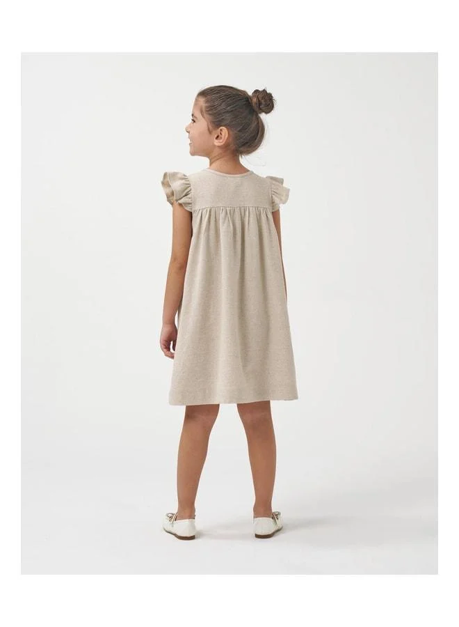 Magu Girls' Beige Linen Dress with Floral Embroidery and Ruffled Sleeves