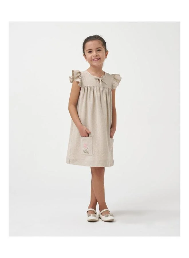 Magu Girls' Beige Linen Dress with Floral Embroidery and Ruffled Sleeves