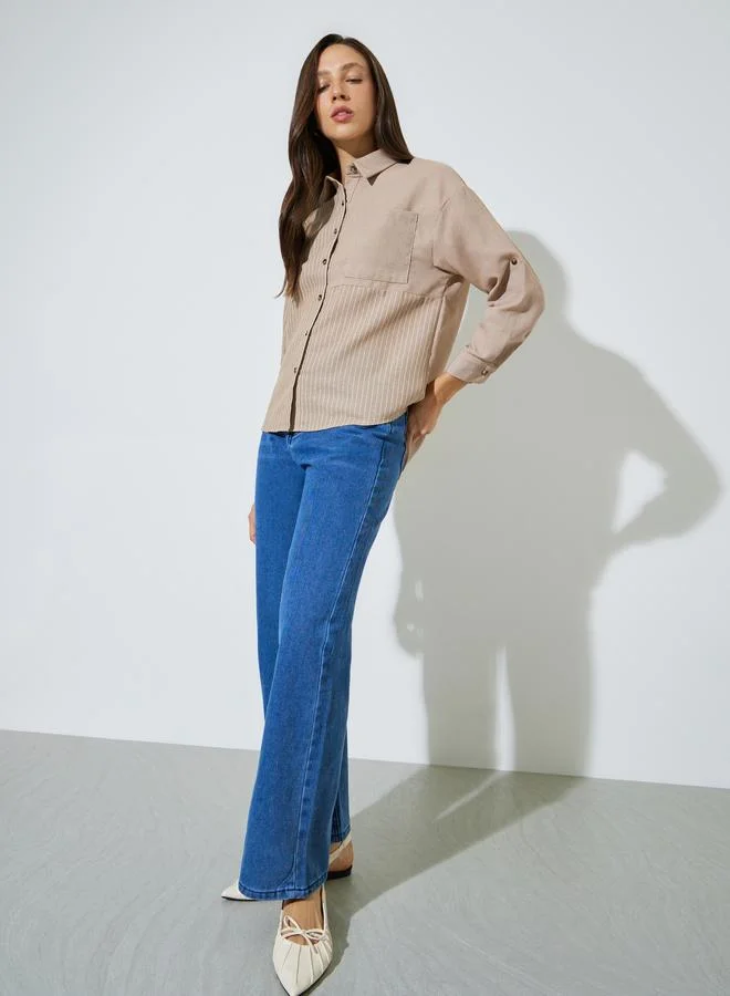 Styli Beige Longline Striped Pocket Detail Button-Up Shirt