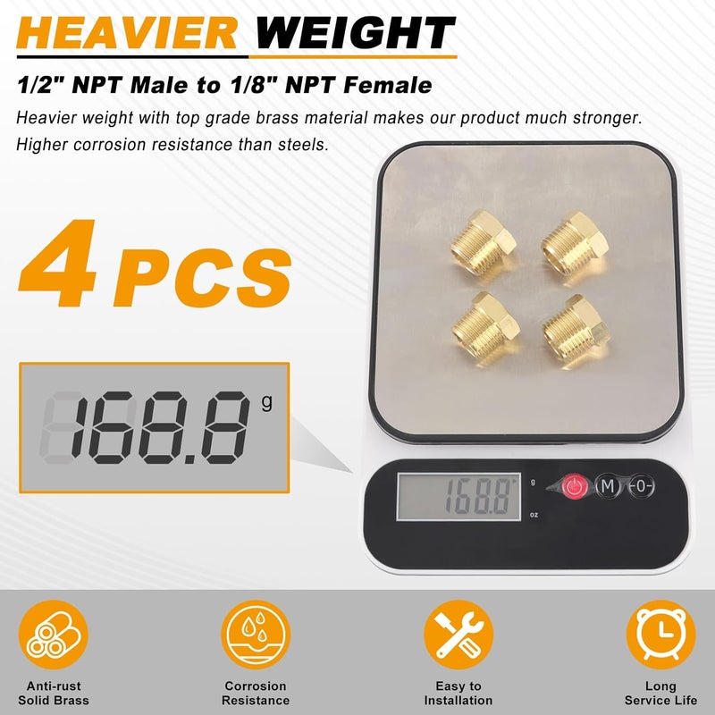 KOOTANS 4pcs Heavy Duty 1/2 NPT Male Thread to 1/8 NPT Female Thread Brass Reducer Hex Bushing Brass Fitting Pipe Hose Tube Adapter Convert - Image 5