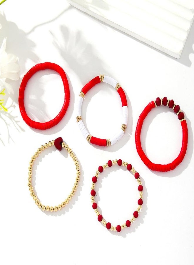 KZL Boho Love Heart Heishi Surfer Beaded Multilayer Stretch Bracelets Cute Colorful Polymer Clay Gold Beads Elastic Stackable Bracelets for Women-Red - Image 3