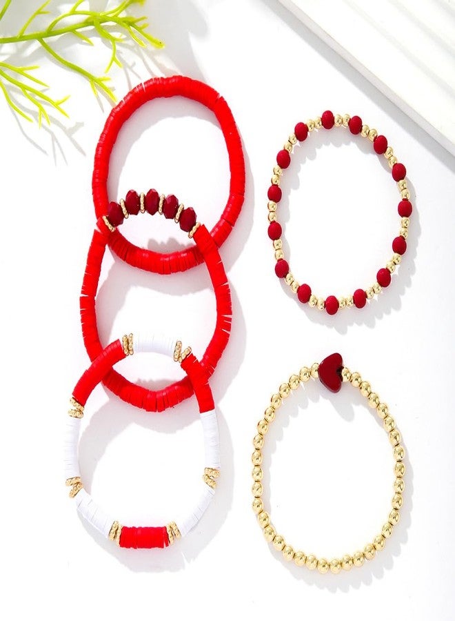 KZL Boho Love Heart Heishi Surfer Beaded Multilayer Stretch Bracelets Cute Colorful Polymer Clay Gold Beads Elastic Stackable Bracelets for Women-Red - Image 4