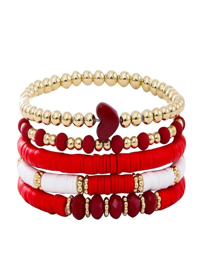 KZL Boho Love Heart Heishi Surfer Beaded Multilayer Stretch Bracelets Cute Colorful Polymer Clay Gold Beads Elastic Stackable Bracelets for Women-Red - Image 1
