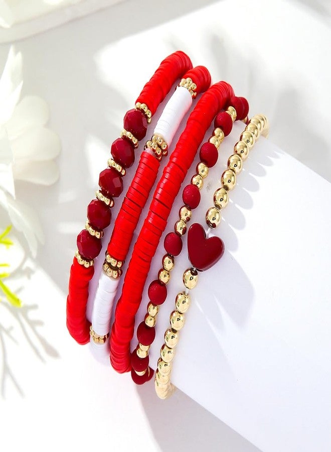 KZL Boho Love Heart Heishi Surfer Beaded Multilayer Stretch Bracelets Cute Colorful Polymer Clay Gold Beads Elastic Stackable Bracelets for Women-Red - Image 2
