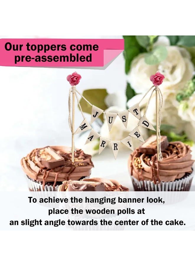 Acuteye Wedding Cake Topper,Vintage Affair Rustic Just Married Wedding Cake or Cheese Bunting,Handmade Pennant Flags with Wood Pole Ivory (With Pink Rose) - Image 4