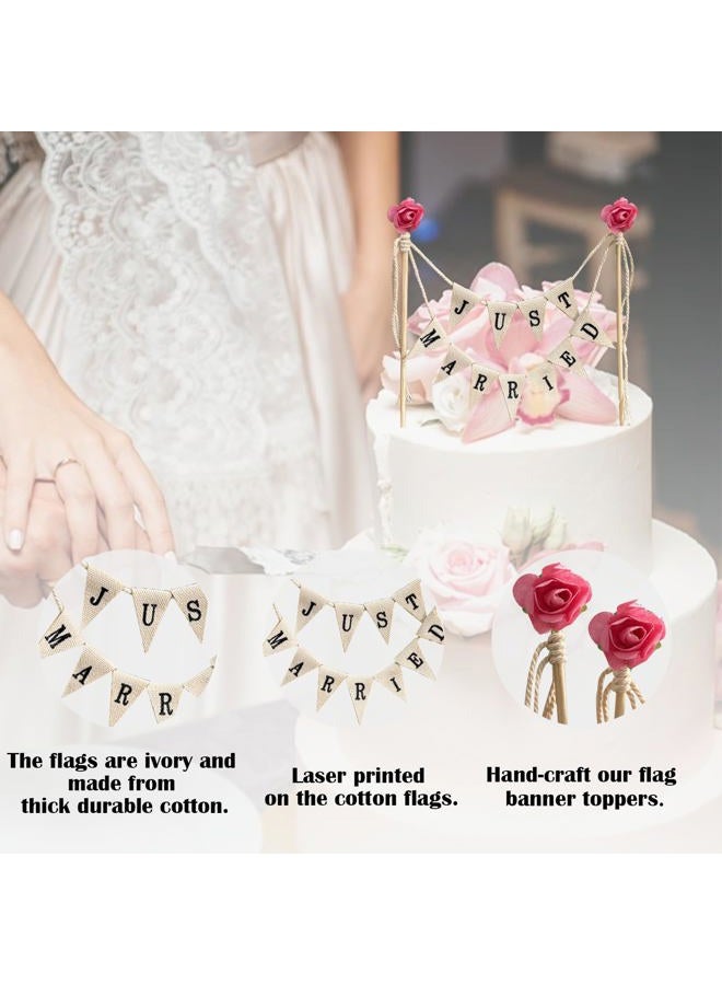 Acuteye Wedding Cake Topper,Vintage Affair Rustic Just Married Wedding Cake or Cheese Bunting,Handmade Pennant Flags with Wood Pole Ivory (With Pink Rose) - Image 3