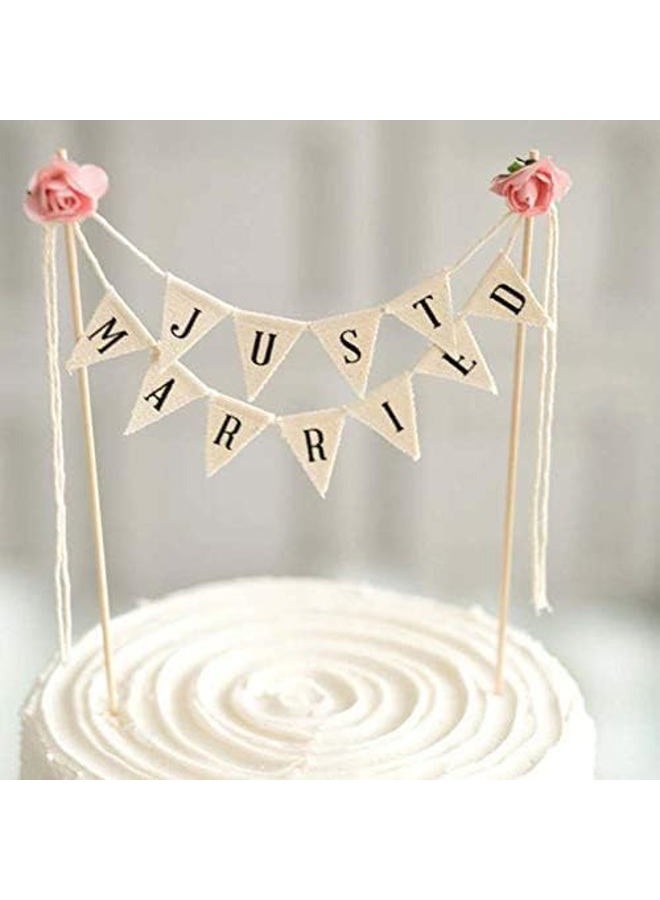Acuteye Wedding Cake Topper,Vintage Affair Rustic Just Married Wedding Cake or Cheese Bunting,Handmade Pennant Flags with Wood Pole Ivory (With Pink Rose) - Image 5