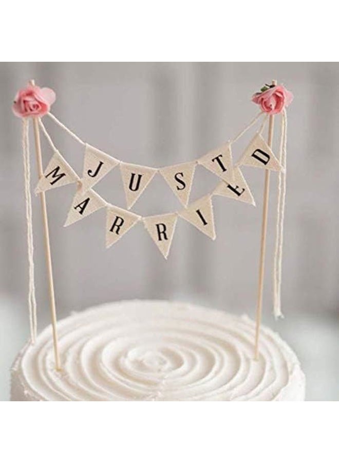 Acuteye Wedding Cake Topper,Vintage Affair Rustic Just Married Wedding Cake or Cheese Bunting,Handmade Pennant Flags with Wood Pole Ivory (With Pink Rose) - Image 1