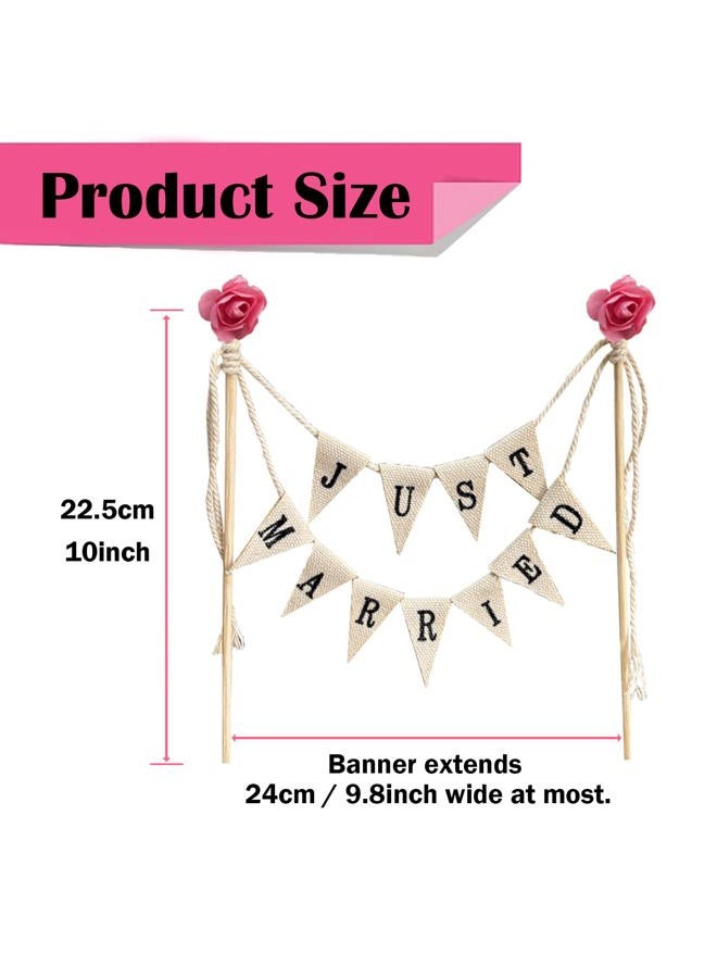 Acuteye Wedding Cake Topper,Vintage Affair Rustic Just Married Wedding Cake or Cheese Bunting,Handmade Pennant Flags with Wood Pole Ivory (With Pink Rose) - Image 2